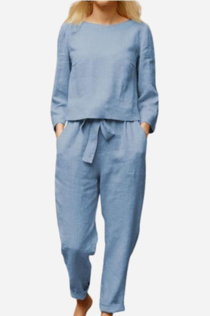 Linen Two-Piece Set for Women - Casual Summer Lounge Outfit with Wide Leg Pants