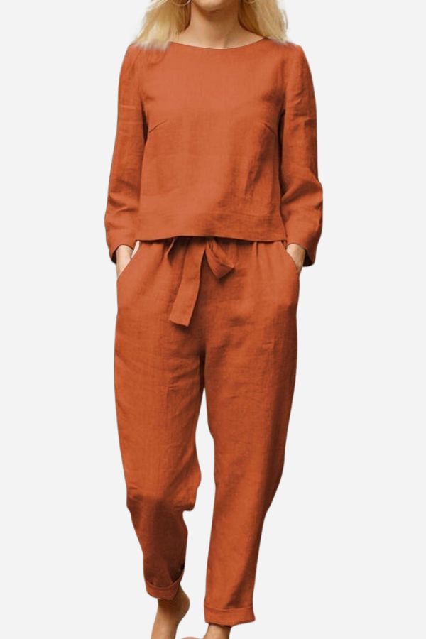 Linen Two-Piece Set for Women - Casual Summer Lounge Outfit with Wide Leg Pants