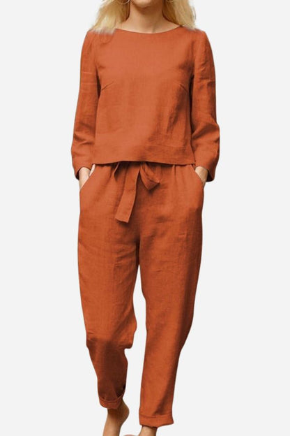 Linen Two-Piece Set for Women - Casual Summer Lounge Outfit with Wide Leg Pants