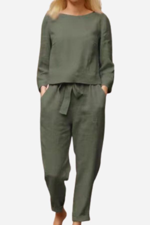 Linen Two-Piece Set for Women - Casual Summer Lounge Outfit with Wide Leg Pants