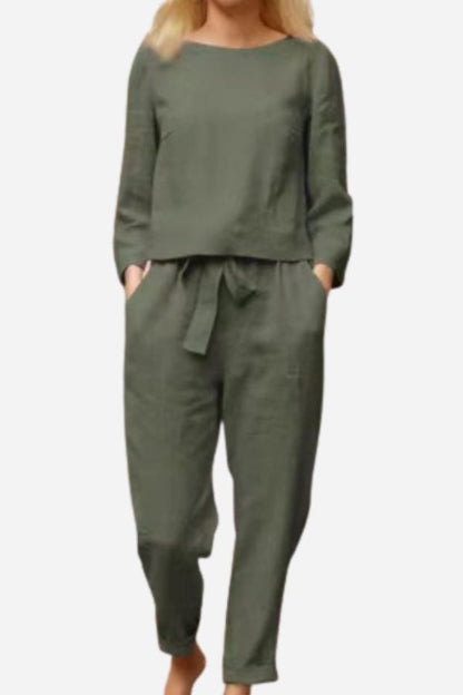 Linen Two-Piece Set for Women - Casual Summer Lounge Outfit with Wide Leg Pants