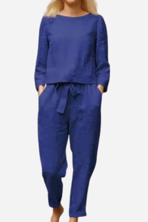 Linen Two-Piece Set for Women - Casual Summer Lounge Outfit with Wide Leg Pants