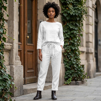 Linen Two-Piece Set for Women - Casual Summer Lounge Outfit with Wide Leg Pants