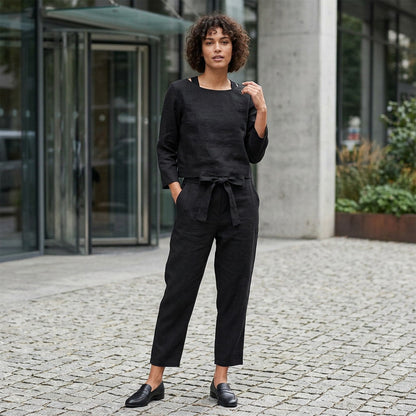 Linen Two-Piece Set for Women - Casual Summer Lounge Outfit with Wide Leg Pants