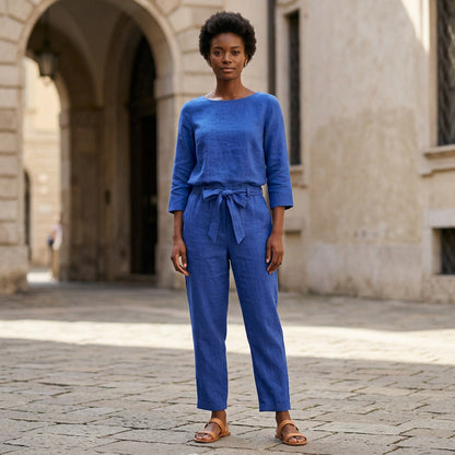 Linen Two-Piece Set for Women - Casual Summer Lounge Outfit with Wide Leg Pants