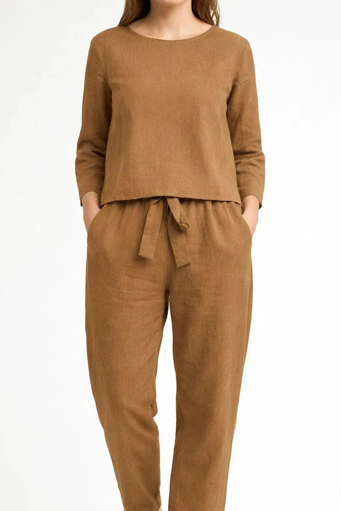 Linen Two-Piece Set for Women - Casual Summer Lounge Outfit with Wide Leg Pants