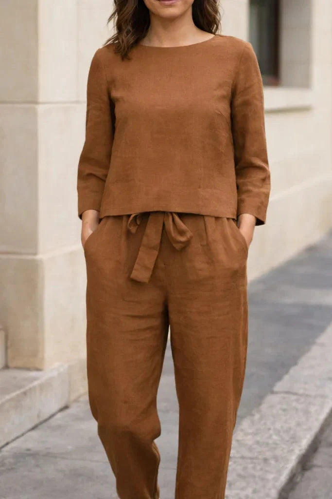 Linen Two-Piece Set for Women - Casual Summer Lounge Outfit with Wide Leg Pants